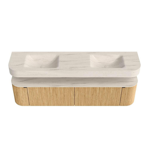 MONDIAZ THOR-DLUX Meuble de salle de bains - 190cm - arrondi gauche + droite - couleur Oak - 2 tiroirs et 2 portes - Vasque suspendue CLOUD Double sans trou de robinet - couleur Meli SW1466629