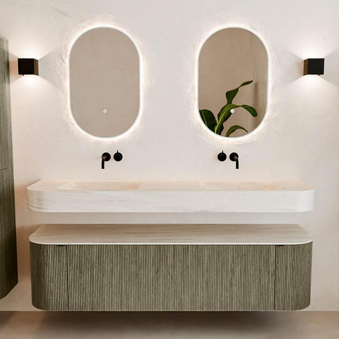 MONDIAZ THOR-DLUX Meuble de salle de bains - 170cm - arrondi gauche + droite - couleur Shadow - 1 tiroir - 2 portes - Vasque suspendue CLOUD Double sans trou de robinet - couleur Meli SW1465760