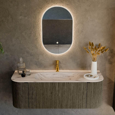 MONDIAZ KURVE-DLUX Meuble de salle de bains 130cm arrondi Gauche + Droite couleur Shadow avec 1 tiroir et 2 portes. Lavabo BIG SMALL Central 1 trou de robinet Nata. SW1432278