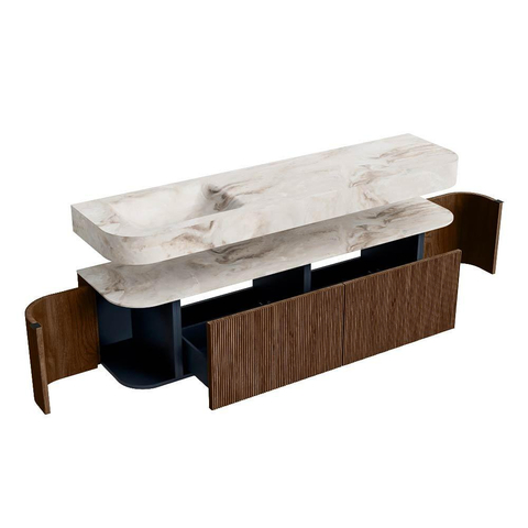 MONDIAZ THOR-DLUX 180cm badmeubel ronding links + rechts kleur Walnut met 2 lades en 2 deuren. Vrijhangende wastafel CLOUD Links 1 kraangat kleur Frappe. SW1465934