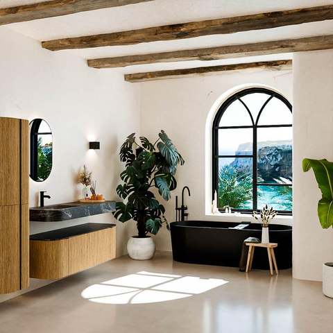 MONDIAZ THOR-DLUX 140cm badmeubel ronding links + rechts kleur Oak met 1 lade en 2 deuren. Vrijhangende wastafel CLOUD Links 1 kraangat kleur Lava. SW1463922
