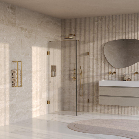 BRAUER Void Carving Cabine de douche - 90x90x200cm - porte battante - revêtement de verre - réversible - verre clair - or brossé PVD SW1418135