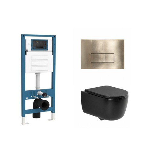 QeramiQ Dely Swirl Ensemble WC - réservoir encastré QeramiQ Flush - abattant slim - plaque de commande en laiton brossé métal - boutons rectangulaires - noir mat SW1578320