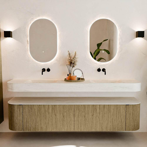 MONDIAZ THOR-DLUX Meuble de salle de bains - 200cm - arrondi gauche + droite - couleur Dusk - 2 tiroirs - 2 portes - Vasque suspendue CLOUD Double sans trou de robinet - couleur Meli SW1467108
