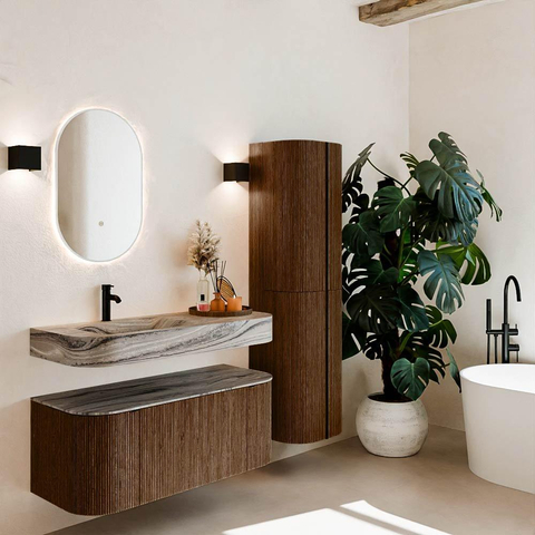 MONDIAZ THOR-DLUX Meuble de salle de bains 110cm arrondi gauche + droite couleur Walnut avec 1 tiroir et 2 portes. Vasque suspendue CLOUD Gauche 1 trou de robinet couleur Sombra. SW1463030