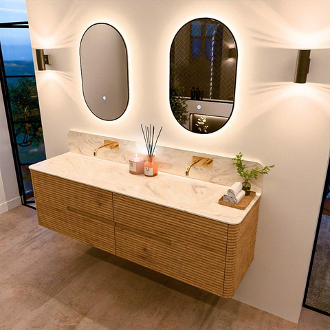 Mondiaz CIRO-DLUX Meuble de salle de bains - 170x45x50cm - Plan vasque Solid surface Ostra - 2 vasques Double - sans trous de robinetterie - 4 tiroirs - Chêne SW1530931