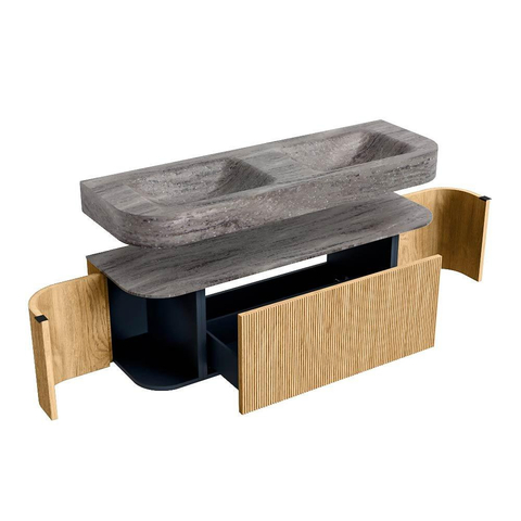 MONDIAZ THOR-DLUX Meuble de salle de bains 140cm arrondi gauche + droite couleur Oak avec 1 tiroir et 2 portes. Vasque suspendue CLOUD Double 2 trous de robinet couleur Oza. SW1464285