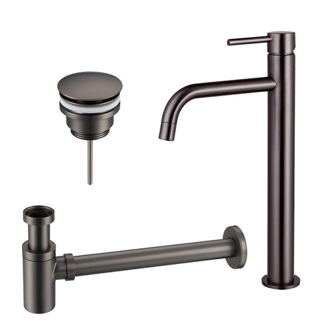 Fortifura Calvi Slim Wastafelkraanset - verhoogde wastafelkraan - klikwaste plug - verlaagde design - sifon - PVD - geborsteld gunmetal (antraciet) SW891980
