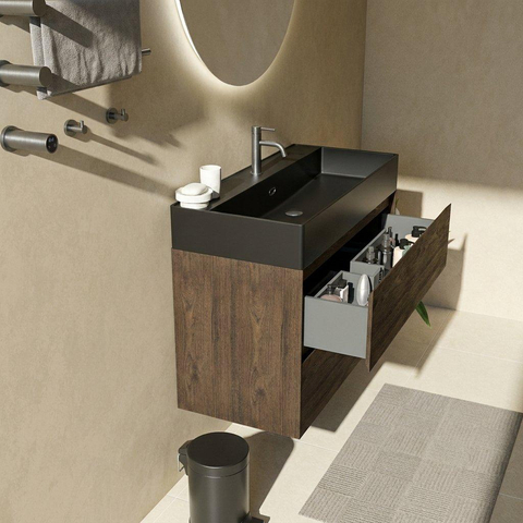 Saniclass Holz Pure Badkamermeubelset - 100x45x72cm - Legend keramische wastafel mat zwart - 1 wasbak - 1 kraangat - 2 lades - mat eiken charcoal (hout) SW1580186