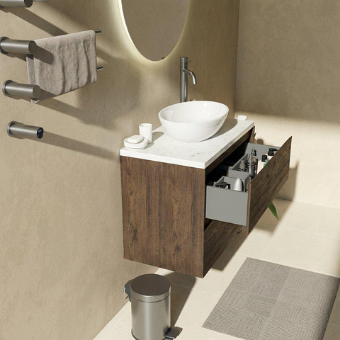 Saniclass Holz Pure Ensemble de meubles de salle de bains - 80x45x63cm - Plan vasque en marbre Dia poli (blanc) - 1 trou de robinet - 2 tiroirs - chêne charcoal mat (bois) SW1479069