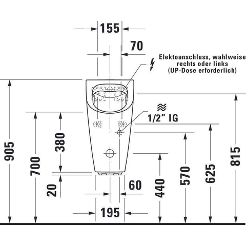 Duravit Me by starck Urinoir - spoelrandloos elektronisch - met netvoeding - zonder vlieg - 30x35cm - inclusief complete sturing en bevestiging - met wondergliss - wit SW84207