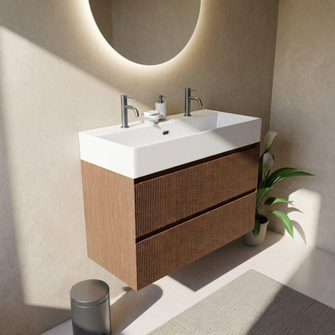 Saniclass Holz Atelier Ensemble meuble de salle de bains - 100x45x72cm - Plan vasque Legend en céramique blanc - 1 vasque - 2 trous de robinetterie - 2 tiroirs - noyer pure mat (bois) SW1478498