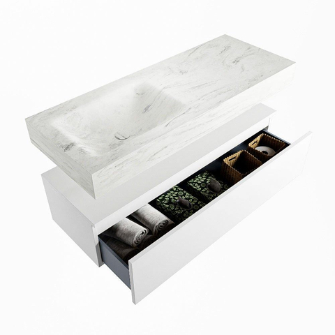 Mondiaz ALAN-DLUX Ensemble de meuble - 120cm - meuble Talc mat - 1 tiroir - Lavabo Cloud Opalo suspendu - vasque Gauche - 1 trou de robinet SW806404