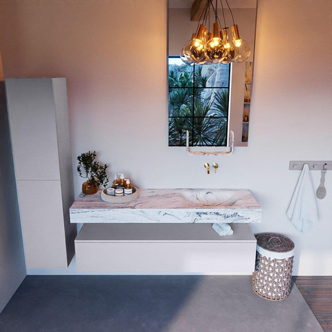 Mondiaz ALAN-DLUX Ensemble de meuble - 150cm - meuble Cale mat - 1 tiroir - Lavabo Cloud Glace suspendu - vasque Droite - 0 trous de robinet SW805892