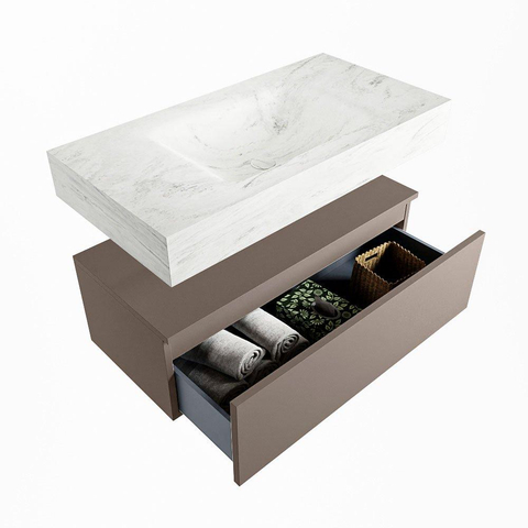 Mondiaz ALAN-DLUX Ensemble de meuble - 90cm - meuble Smoke mat - 1 tiroir - Lavabo Cloud Opalo suspendu - vasque Centre - 1 trou de robinet SW806302