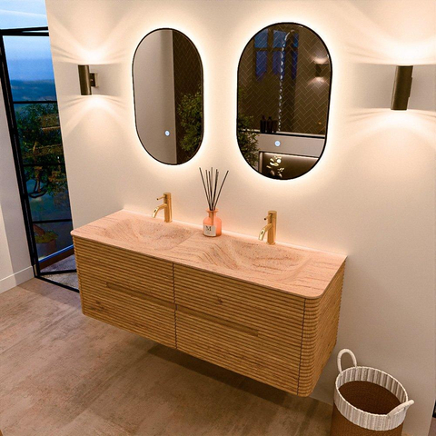 Mondiaz CIRO-DLUX Badkamermeubelset - 140x45x50cm - Solid surface wastafel Saba - 2 wasbak Dubbel - 2 kraangaten - 4 lades - Oak SW1531201