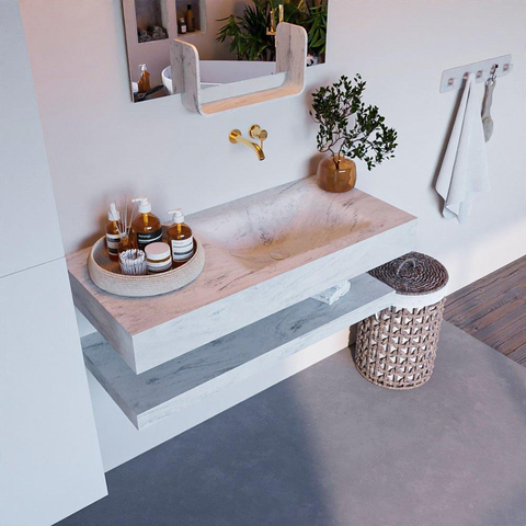 Mondiaz ALAN-DLUX Ensemble de meuble - 100cm - meuble Opalo mat - 0 tiroirs - Lavabo Cloud Opalo suspendu - vasque Droite - 0 trous de robinet SW809310