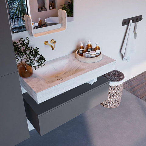 Mondiaz ALAN-DLUX Ensemble de meuble - 100cm - meuble Plata mat - 1 tiroir - Lavabo Cloud Opalo suspendu - vasque Gauche - 0 trous de robinet SW807062
