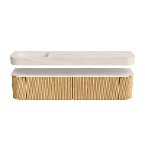 MONDIAZ THOR-DLUX 200cm meuble de salle de bains arrondi gauche + droite couleur Oak avec 2 tiroirs et 2 portes. Vasque suspendue CLOUD Gauche sans trou de robinet couleur Meli. SW1467103