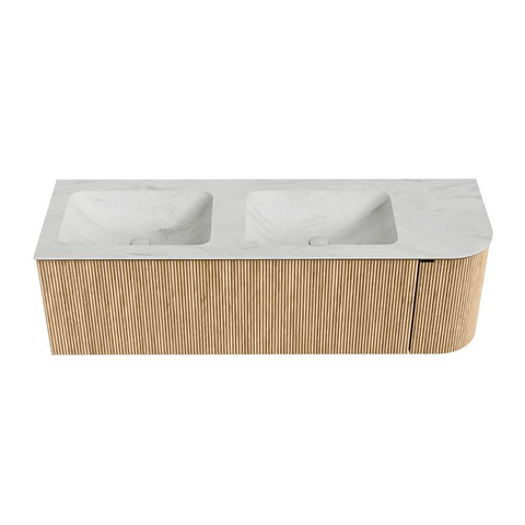 MONDIAZ KURVE-DLUX meuble de salle de bains 145 cm avec module 25 R couleur Oak avec 1 tiroir et 1 porte. Lavabo LEAF double / gauche sans trou de robinet couleur Opalo. SW1137573