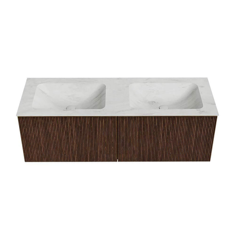 MONDIAZ KURVE-DLUX Meuble de salle de bains 130 cm couleur Walnut avec 2 tiroirs. Lavabo LEAF double sans trou de robinet couleur Opalo. SW1137723