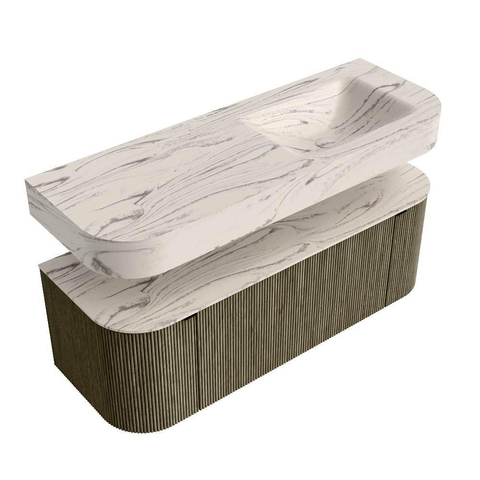 MONDIAZ THOR-DLUX 130cm meuble de salle de bains arrondi gauche + droite couleur Shadow avec 1 tiroir et 2 portes. Vasque suspendue CLOUD Droite sans trou de robinet couleur Nata. SW1463894