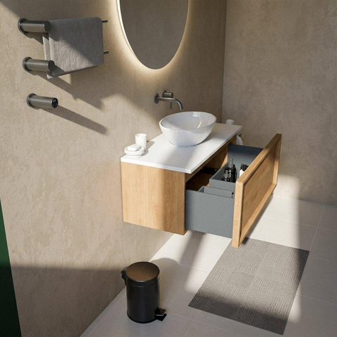 Saniclass Holz Frame Badkamermeubelset - 100x45x42.5cm - Torino solid surface topblad wit - zonder kraangat - 1 lade - mat eiken natural (hout) SW1478703