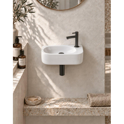 QeramiQ Fuente fonteinset – halfrond – 40x21.5x12 cm – keramiek wit glans – kraangat rechts – mat zwarte kraan SW1232791