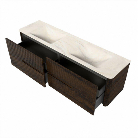 Mondiaz CIRO-DLUX Badkamermeubelset - 170x45x50cm - Solid surface wastafel Ostra - 2 wasbak Dubbel - 2 kraangaten - 4 lades - Walnut SW1530373