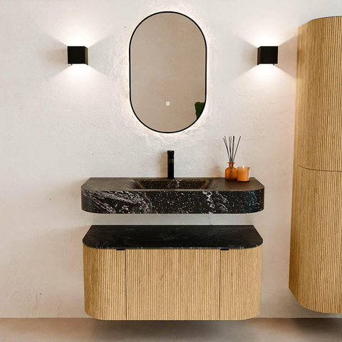MONDIAZ THOR-DLUX 100cm meuble de salle de bains arrondi gauche + droite couleur Chêne avec 1 tiroir et 2 portes. Vasque suspendue CLOUD Milieu 1 trou de robinet couleur Lava. SW1467307