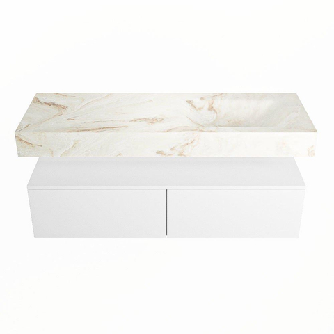 Mondiaz ALAN-DLUX Ensemble de meuble - 130cm - meuble Talc mat - 2 tiroirs - Lavabo Cloud Frappe suspendu - vasque Droite - 0 trous de robinet SW805056