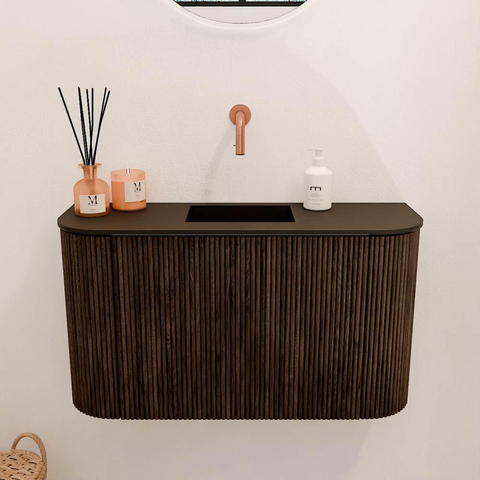 Mondiaz JOYA 73.2cm meuble de salle de bains - arrondi gauche et droite couleur Walnut - Vasque FAYE position Milieu Sans trou de robinet couleur Urban SW1421439