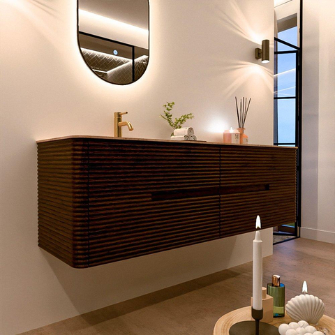 Mondiaz CIRO-DLUX Ensemble de meubles de salle de bains - 160x45x50cm - Vasque en solid surface Saba - 1 lavabo à gauche - 1 trou de robinet - 4 tiroirs - Noyer SW1530706
