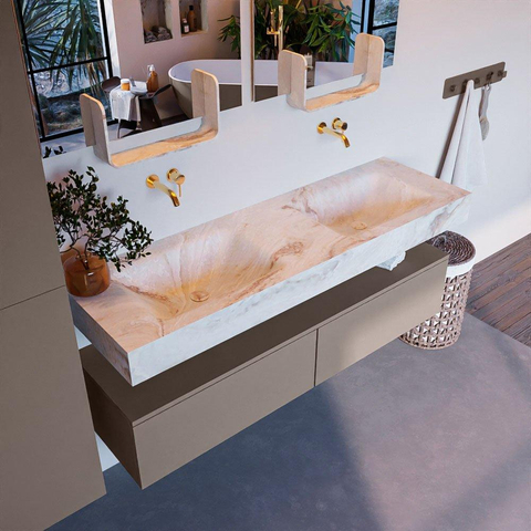 Mondiaz ALAN-DLUX Ensemble de meuble - 150cm - meuble Smoke mat - 2 tiroirs - Lavabo Cloud Frappe suspendu - vasque Gauche et droite - 0 trous de robinet SW804967