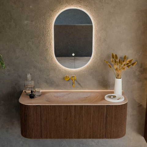 MONDIAZ KURVE-DLUX 120cm badmeubel ronding Links + Rechts kleur Walnut met 1 lade en 2 deuren. Wastafel BIG SMALL Midden zonder kraangat Saba. SW1433148