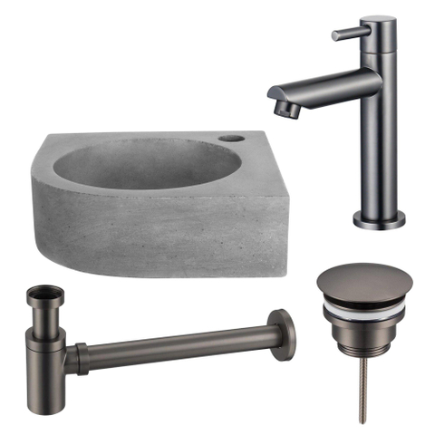 Fortifura Fuente Fonteinset - 31.5x31.5x10cm - 1 kraangat - hoek - fonteinkraan gunmetal - beton - beton (grijs) SW1111547