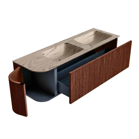 MONDIAZ KURVE-DLUX Meuble de salle de bains 145cm arrondi à gauche couleur Ruby avec 1 tiroir et 1 porte. Lavabo LEAF Double / Droite 2 trous de robinet Arena. SW1431543
