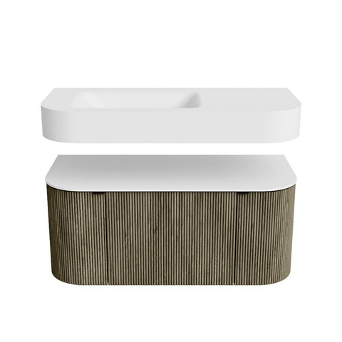 MONDIAZ THOR 100cm meuble de salle de bains arrondi gauche + droite couleur Shadow avec 1 tiroir et 2 portes. Vasque suspendue CLOUD gauche 1 trou de robinet couleur Talc. SW1467443