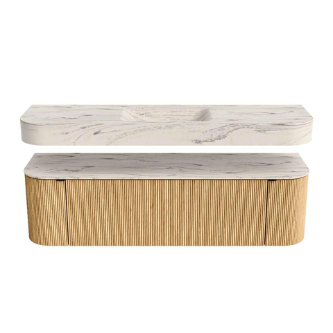 MONDIAZ THOR-DLUX Meuble de salle de bains - 160cm - arrondi gauche + droite - couleur Oak - 1 tiroir et 2 portes - Vasque suspendue CLOUD Milieu 1 trou de robinet couleur Nata SW1465261