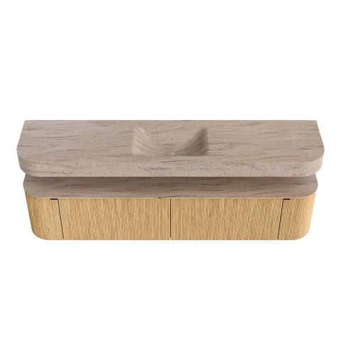 MONDIAZ THOR-DLUX 200cm meuble de salle de bains arrondi gauche + droite couleur Oak avec 2 tiroirs et 2 portes. Vasque suspendue CLOUD Milieu sans trou de robinet couleur Saba. SW1467212