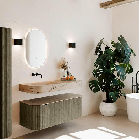 MONDIAZ THOR-DLUX 120cm meuble de salle de bains arrondi gauche + droite couleur Shadow avec 1 tiroir et 2 portes. Vasque suspendue CLOUD Gauche sans trou de robinet couleur Arena. SW1463300