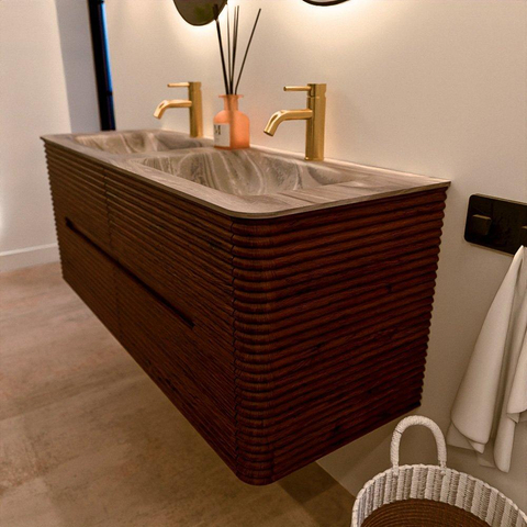 Mondiaz CIRO-DLUX Badkamermeubelset - 130x45x50cm - Solid surface wastafel Sombra - 2 wasbak Dubbel - 2 kraangaten - 4 lades - Ruby SW1531951