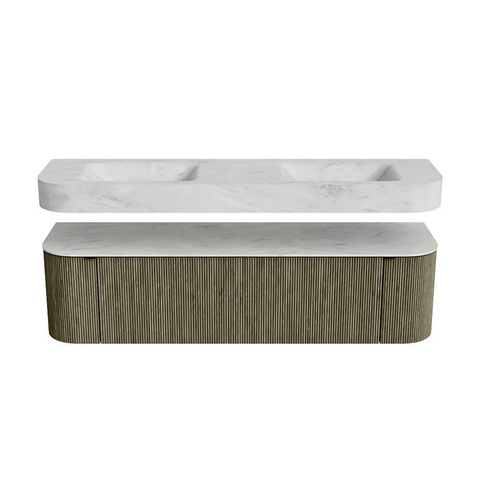 MONDIAZ THOR-DLUX 170cm badmeubel ronding links + rechts kleur Shadow met 1 lade en 2 deuren. Vrijhangende wastafel CLOUD Dubbel zonder kraangat kleur Opalo. SW1465558