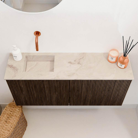 Mondiaz JOYA-DLUX 90cm toiletmeubel - kleur Walnut - Wastafel FAYE positie Links Zonder kraangat kleur Frappe. SW1422318