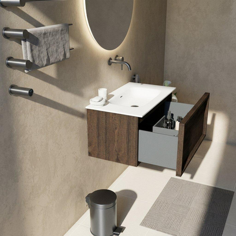 Saniclass Holz Frame Ensemble meuble de salle de bains - 80x45x41.5cm - Flow lavabo en solid surface blanc - 1 vasque - sans trou de robinetterie - 1 tiroir - chêne charcoal mat (bois) SW1478385