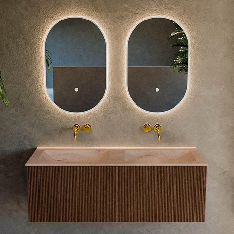 MONDIAZ KURVE-DLUX Meuble de salle de bains 120 cm couleur Walnut avec 1 tiroir et 0 porte. Lavabo LEAF Double sans trou de robinet Saba. SW1433196