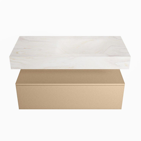 Mondiaz ALAN-DLUX Ensemble de meuble - 100cm - meuble - Oro mat - 1 tiroir - Lavabo Cloud Ostra suspendu - vasque droite - 1 trou de robinet - Beige SW807755