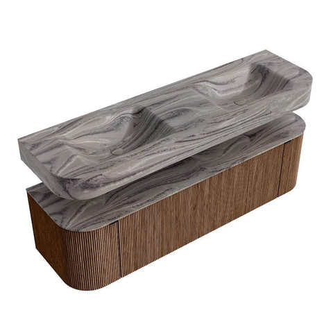 MONDIAZ THOR-DLUX Meuble de salle de bains 160cm arrondi gauche + droite couleur Walnut avec 1 tiroir et 2 portes. Vasque suspendue CLOUD Double sans trou de robinet couleur Sombra. SW1465399