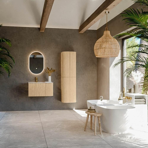 MONDIAZ KURVE-DLUX meuble de salle de bains 75cm avec module 25 R couleur chêne avec 1 tiroir et 1 porte. Lavabo GRUNNE gauche 1 trou de robinet couleur Glace. SW1137890