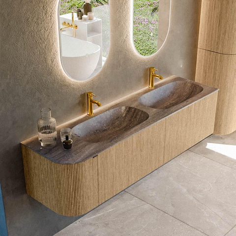 MONDIAZ KURVE-DLUX Meuble de salle de bains 165cm arrondi à gauche couleur Chêne avec 2 tiroirs et 1 porte. Lavabo STOR SMALL Double / Droite 2 trous de robinet Oza. SW1432679